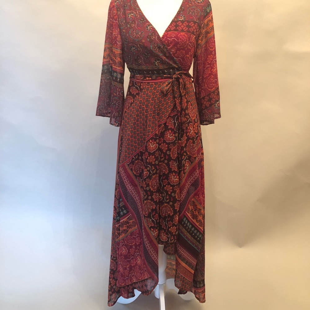 Purple & Orange Chiffon Floral Wrap Dress